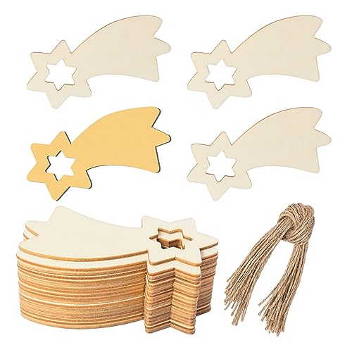 Wooden Christmas Stars Shape Unfinished Wood Stars Pieces Blank Wood Pieces Wooden with Twines Art Ornaments for Christmas Wedding Birthday Party