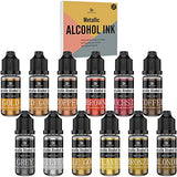 Metallic Alcohol Ink Set - 12 Metal Color Alcohol-Based Inks for Epoxy Resin Art, Painting - Concentrated Shimmer Alcohol Paint Color Dye for Resin DecorRom