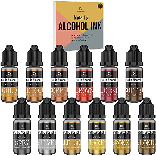 Metallic Alcohol Ink Set - 12 Metal Color Alcohol-Based Inks for Epoxy Resin Art, Painting - Concentrated Shimmer Alcohol Paint Color Dye for Resin