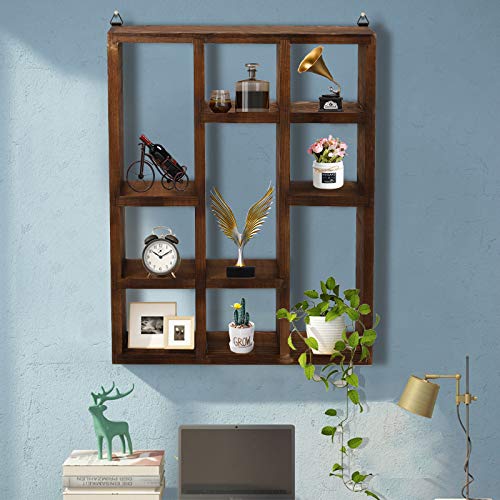 WUWEOT Shadow Box Display Shelf, 15" x 11.8" 9-Slot Rustic Floating Shelves, Wood Finish Wall Mountable/Freestanding Shelf for Wall Table or Desk - WoodArtSupply