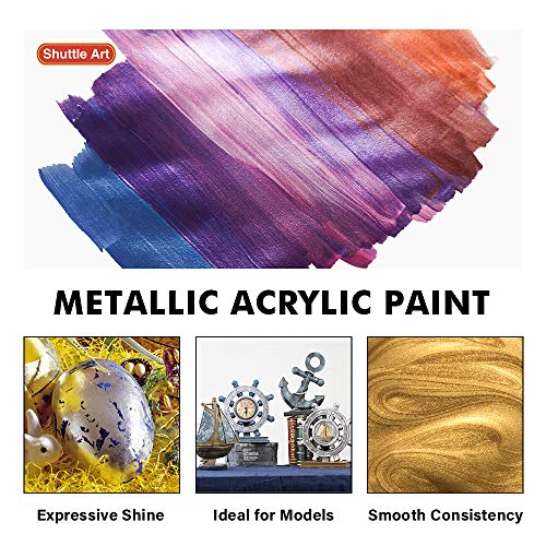 Shuttle Art Metallic Acrylic Paint Set, 20 Colors Metallic Paint in Bottles (60ml, 2oz) with 3 Brushes and 1 Palette, Rich Pigments, Non-Toxic for Shuttle Art