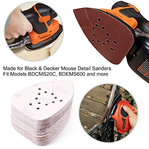 LotFancy Sanding Pads for Black and Decker Mouse Sanders, 50PCS 60 80 120 150 220 Grit Sandpaper Assortment - 12 Hole Hook and Loop Detail Palm LotFancy