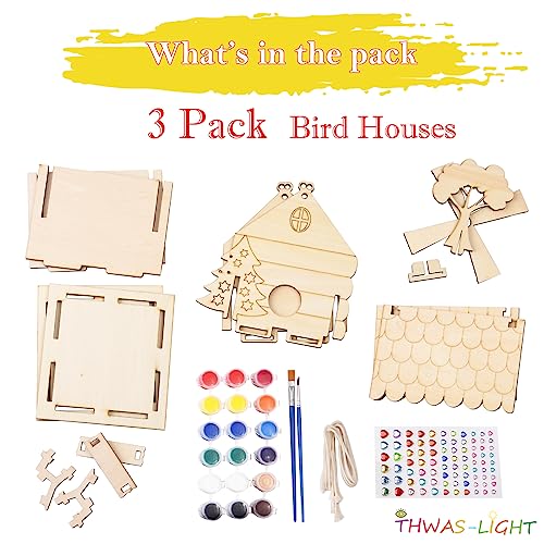 3 Pack Bird House Crafts for Kids Ages 8-12 5-8, DIY Wooden Arts and Crafts Kit for Children to Build, Make Your Own Birdhouse, Summer Painting THWAS-LIGHT