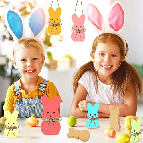 GuassLee 12pcs Easter Wooden Bunny Cutout for Easter Craft Unfinished Wood Blank Peeps Rabbit Sign with Twines for Kids DIY Craft Making Painting