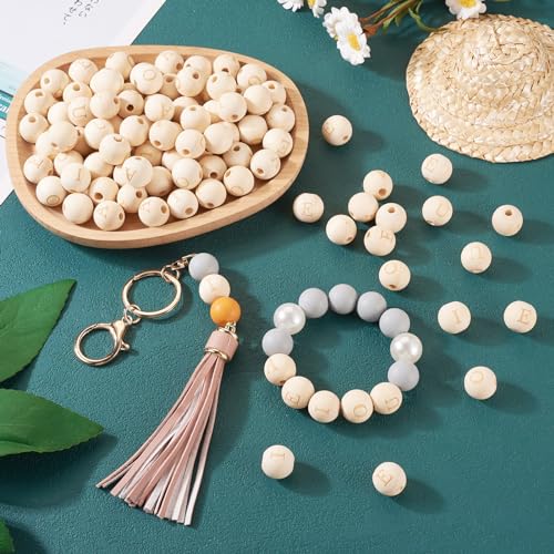 Craftdady 100Pcs 14-16mm Large Hole Wood Beads Round Letter Beads Vowel A E I O U Wooden European Beads Alphabet Beads for DIY Garland Macrame