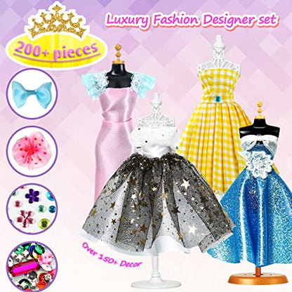 AMOPRO Fashion Designer Kit for Girls, 300PC+ Creativity DIY Arts & Crafts Design with 2 Mannequins, Learning Toys Doll Clothes Making Sewing Kit for