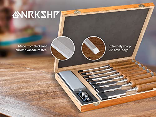 WRKSHP Wood Chisel Set (8 pcs) with Premium Wooden Storage Case, Sharpening Stone, Honing Guide & Protective Caps - Wood Chisels for Woodworking - WoodArtSupply