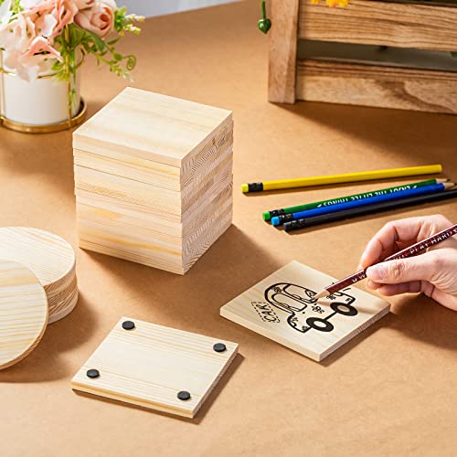  36 Pcs Unfinished Wood Coasters 4 Square and Round Wood Slices  for Nature Crafts Blank Wooden Coasters for Crafts and 132 Pcs Non Slip Dot  Stickers for DIY Painting Wood Engraving