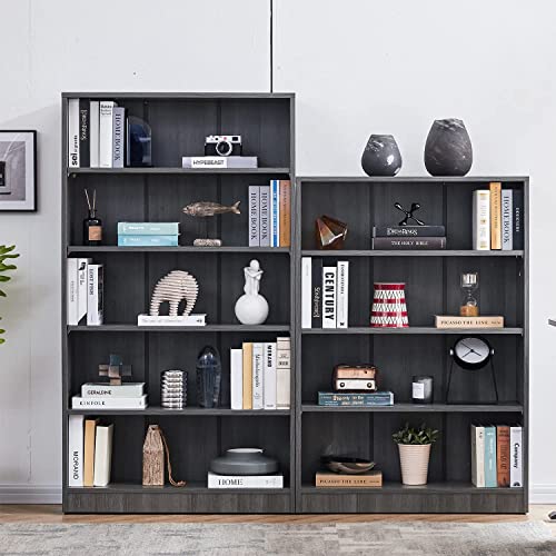 Wood Bookcase 5-Shelf Freestanding Display Wooden Bookshelf for Home Office School (11.6" D*33" W*59.8" H,Grey) Sunon