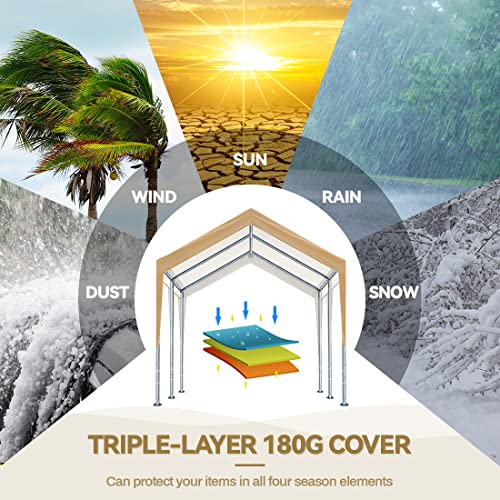 ADVANCE OUTDOOR 10x20 ft Steel Carport with Adjustable Height from 9.5 to 11 ft, Heavy Duty Car Canopy Garage Party Tent Boat Shelter Portable, Beige ADVANCE OUTDOOR