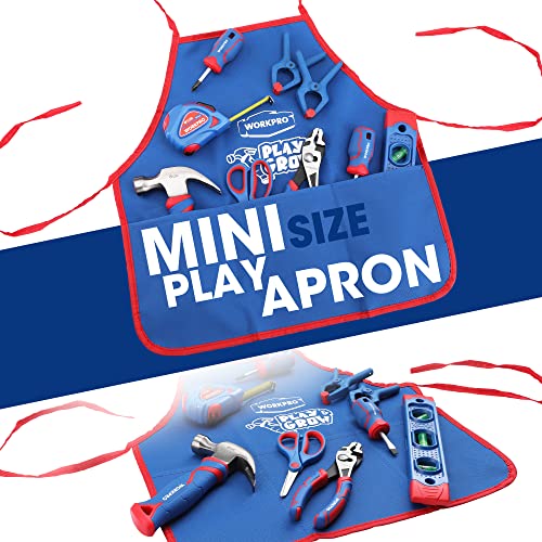 WORKPRO Kids Real Tool Set with 12 Inch Steel Tool Chest with Wheels, 10PCS Boys First Tool Set with 2 Drawers Blue Metal Rolling Tool Chest, Kids WORKPRO