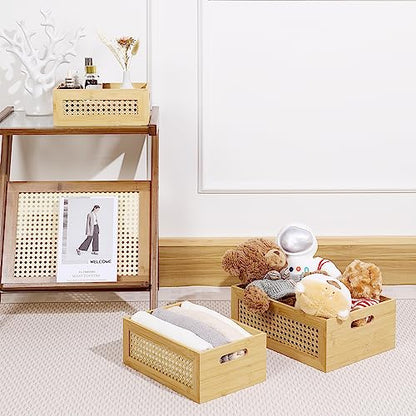 ANMINY 3 PCS Natural Bamboo Storage Bins Set Faux Rattan Frame Wicker Storage Baskets with Handles Sundry Office Drawer Desk Decorative Laundry - WoodArtSupply