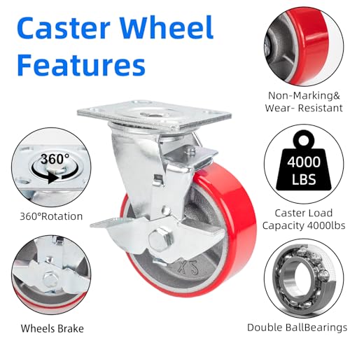 Nefish 5 Inch Industrial Casters Set of 4, Heavy Duty Casters with Brake 4000 Lbs, No Noise Polyurethane Wheel on Steel Hub, Swivel Plate Caster Nefish