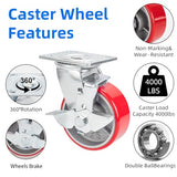 Nefish 5 Inch Industrial Casters Set of 4, Heavy Duty Casters with Brake 4000 Lbs, No Noise Polyurethane Wheel on Steel Hub, Swivel Plate Caster Nefish