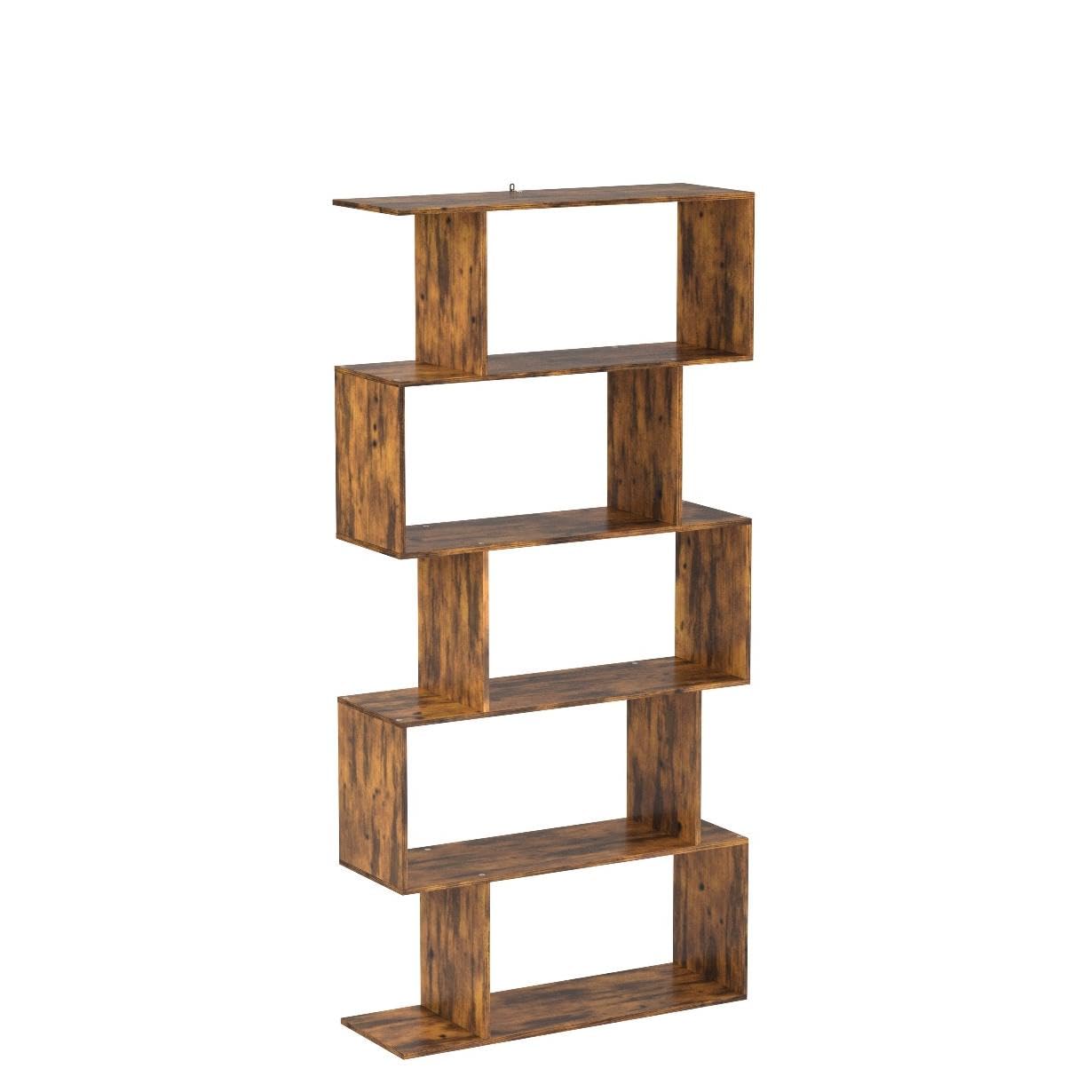 Yusong Rustic Brown 6-Tier S-Shaped Bookcase for Modern Home and Office Décor - WoodArtSupply