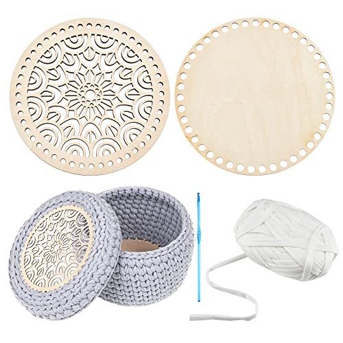 PH PandaHall Crochet Basket Bottom Kit 2 Style Natural Wooden Basket Bottom Crochet Basket Wood Base with 1pc 4mm Crochet Hook 40 Yard 9mm Cloth Yarn PH PandaHall