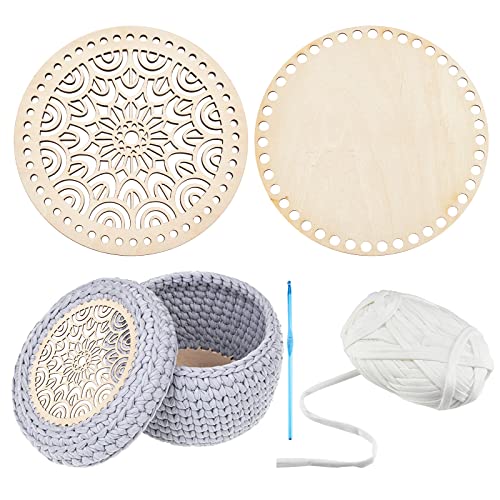 PH PandaHall Crochet Basket Bottom Kit 2 Style Natural Wooden Basket Bottom Crochet Basket Wood Base with 1pc 4mm Crochet Hook 40 Yard 9mm Cloth Yarn - WoodArtSupply