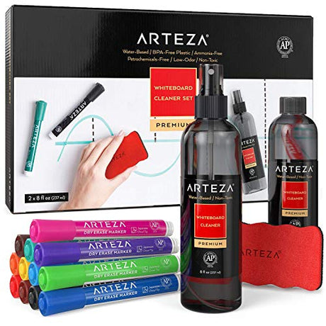 ARTEZA Whiteboard Cleaner Set, 12 Assorted Colors Chisel Tip Dry Erase Markers, Magnetic Eraser & 2 Cleaners, 8-ounces Each, Office Supplies for ARTEZA