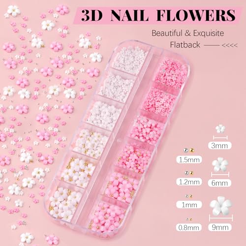 3D Nail Charms, Manicure Kit with Nail Rhinestone Glue Gel (UV Curing), Butterfly White Pink Flower Starry AB Gems Caviar Beads Half Round Pearl &