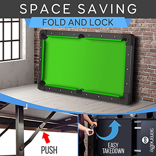 SereneLife 6-Ft Folding Pool Table - Portable Billiard Table - Includes 2X Cue Sticks, Full Set of Balls, Chalk, Brush - Foldable for Kids and Adults SereneLife