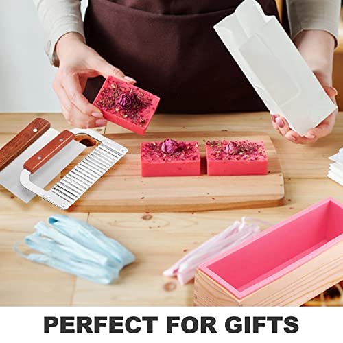 LERYKIN Rectangular Soap Mold Kit with Cutter- 42oz Flexible Silicone Loaf Soap Mold with Wood Box, Stainless Steel Wavy & Straight Scraper for Lerykin