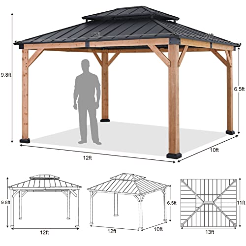 ABCCANOPY Wood Gazebo 11x13 - Outdoor Patio Wooden Gazebo with Hardtop Metal Double Roof for Garden, Backyard and Deck - WoodArtSupply