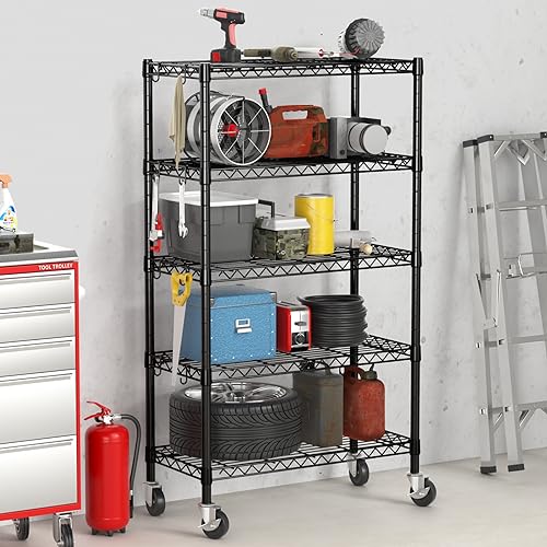 Hodonas Metal Shelving Unit with Wheels, 5-tier Wire Shelving with Adjustable Shelves for Storage, Freestanding Heavy Duty Metal Wire Storage Shelf Hodonas