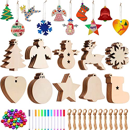 YRONTY 100Pcs DIY Wooden Christmas Ornaments, Unfinished Wood Slices Ornaments in 10 Shapes with 100 Ropes, 100 Colorful Bells & 7 Color Pens, DIY