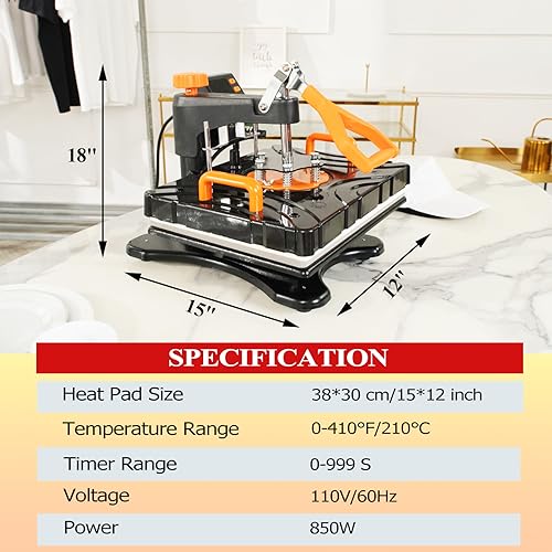 Heat Press Machine for T Shirts 12x15, 8 in 1 Heat Press, 850W Sublimation Machine, 360° Rotation Swing-Away Plate Heatpress, DIY Tumbler Heat Press, - WoodArtSupply