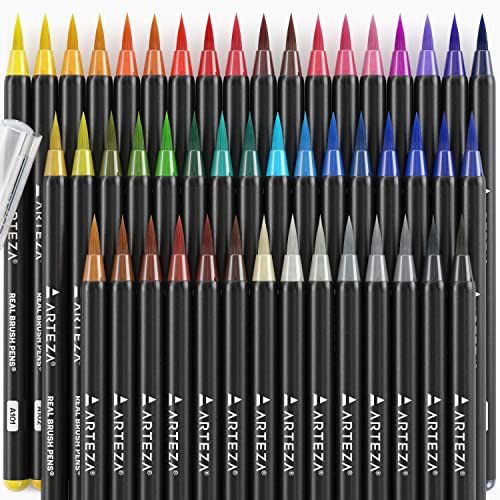 Arteza Real Brush Pens, 48 Watercolor Pens for Dynamic Watercolor Effects  and Calligraphy, Flexible Nylon Brush Tips, Paint Markers Perfect for