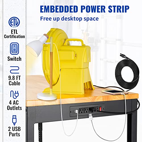 VEVOR 60" Adjustable Workbench, Heavay Duty Workstation 2000 LBS Load Capacity, with Power Outlets & Rubber Wood Top & Metal Frame & Foot Pads, for VEVOR