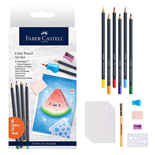 Faber-Castell Colored Pencil Art Set - 6 Coloring Pencils and 5 Drawing Tools, Art Set for Adults - WoodArtSupply