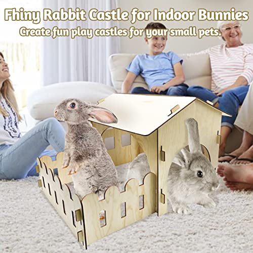 Fhiny Wooden Rabbit Castle Hideout with Fence, Small Animal Rest and Play House Hideaway with Window Detachable Rabbit Bed Hut Bunny Castle for Fhiny