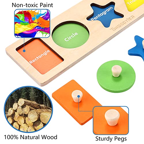QODOFLR First Shapes Knob Chunky Wooden Peg for Baby，Geometric Shape Sorting Toy, Montessori Educational Learning Peg Puzzle，Great Preschool Puzzles QODOFLR