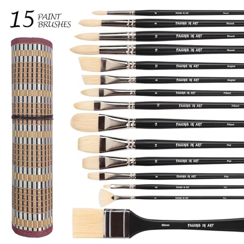Falling in Art Natural Bristle Professional Paintbrush Set, 15PCS Long Handled Paint Brushes for Acrylic Painting, Oil Paint Brushes of Fan, Round, Falling in Art