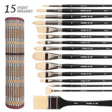Falling in Art Natural Bristle Professional Paintbrush Set, 15PCS Long Handled Paint Brushes for Acrylic Painting, Oil Paint Brushes of Fan, Round, Falling in Art