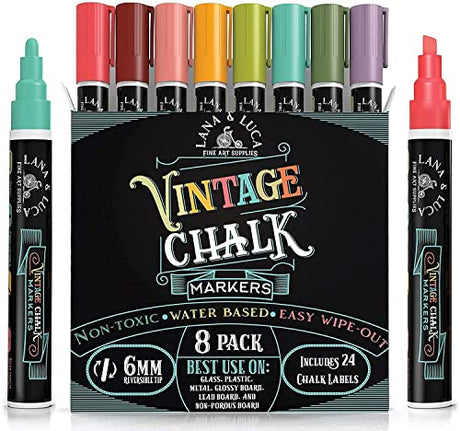 LANA & LUCA Liquid Chalk Markers - Wet Erase Marker Pens - for Chalkboards Signs, Windows, Blackboard, Glass - 6mm Reversible Tip (8 Pack) - Vintage LANA & LUCA