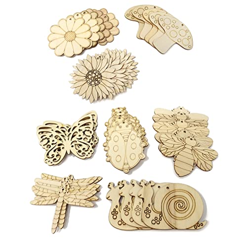 Honbay 40PCS Unfinished Spring Wooden Cutouts Wood Butterfly Sunflower Beetle Flower Dragonfly Mushroom Bee Snail Slices for DIY Crafts Home - WoodArtSupply