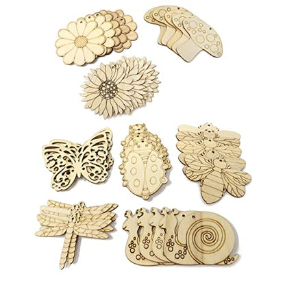 Honbay 40PCS Unfinished Spring Wooden Cutouts Wood Butterfly Sunflower Beetle Flower Dragonfly Mushroom Bee Snail Slices for DIY Crafts Home - WoodArtSupply