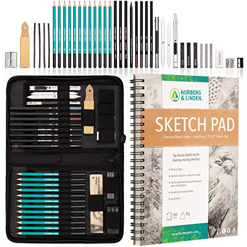 Norberg & Linden XXL Drawing Set - Sketching and Charcoal Pencils. 100 Page Drawing Pad, Kneaded Eraser, and Graphite. Art Set for Kids, Teens and Norberg & Linden
