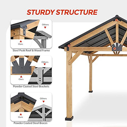 EAGLE PEAK 11x13 Hardtop Wood Gazebo,Outdoor Cedar Wood Frame Pavilion, Galvanized Steel Gable Roof, for Patio, Deck, Backyards, Garden, Natural