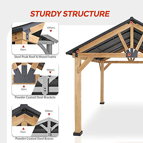 EAGLE PEAK 11x13 Hardtop Wood Gazebo,Outdoor Cedar Wood Frame Pavilion, Galvanized Steel Gable Roof, for Patio, Deck, Backyards, Garden, Natural EAGLE PEAK