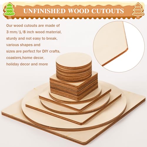 48 Pcs Unfinished Wood Pieces Set Blank Wooden Squares Cutouts Round Wood Circles Blank Wood Discs Natural Wooden Cutouts Tiles Set for DIY Crafts Halloween Christmas Party Decor,3 Sizes/2 Shapes