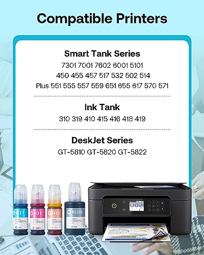 31 32XL Ink Bottle Refill Kit Compatible for HP Smart Tank 5101 7301 7602 7001 6001 Plus 551 651 455 457 450 All-in-One Ink-Tank Printers, 4-Pack - WoodArtSupply