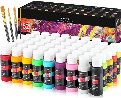 Caliart Acrylic Paint Set With 4 Brushes, 52 Colors (59ml, 2oz) Art Craft Paints for Artists Kids Students Beginners & Painters, Canvas Halloween
