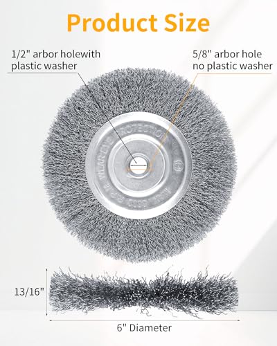ZORUNNA Wire Brush for Grinder - 6 Inch Fine Crimped Wire Wheel for Bench Grinder with 1/2" and 5/8" Arbor(0.0085Inch Wire Size), High-Efficiency ZORUNNA