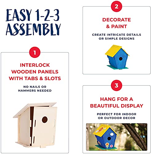 Neliblu 6 DIY Wooden Birdhouses - Kids Bulk Arts and Crafts Set, Crafts for Adults - with Unfinished Wood Birdhouse Kits, Paint Strips, Brushes and