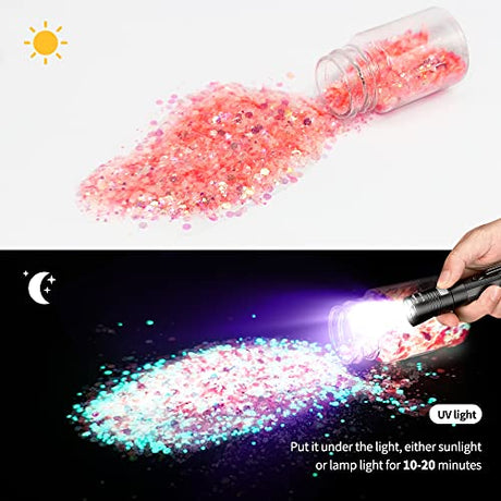 OSBANG Glow in The Dark Glitter 15 Jar - 12 Colors Glow Glitter and 3 Colors Gold Foil Flakes, High Luminous Glitter for Resin Crafts, Cosmetic, OSBANG