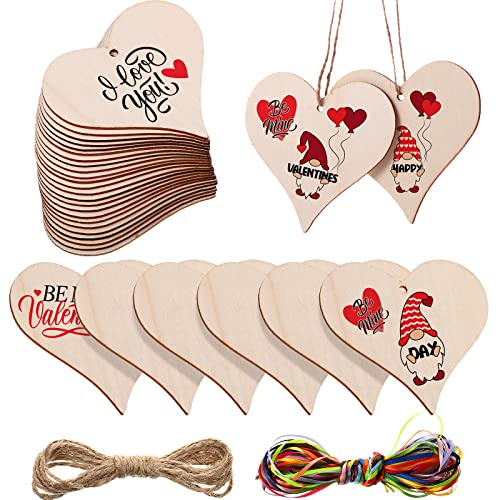 24 Pieces 4 Inch Natural Handmade Blank Wooden Heart Slices with Holes with 2m Natural Rope and 15 Colors 3 mm High Density Polyester Ribbon for - WoodArtSupply