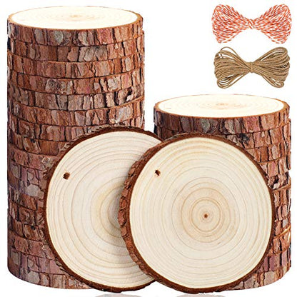 5ARTH Natural Wood Slices - 30 Pcs 3.5-4 inches Craft Unfinished Wood kit Predrilled with Hole Wooden Circles for Arts Wood Slices Christmas